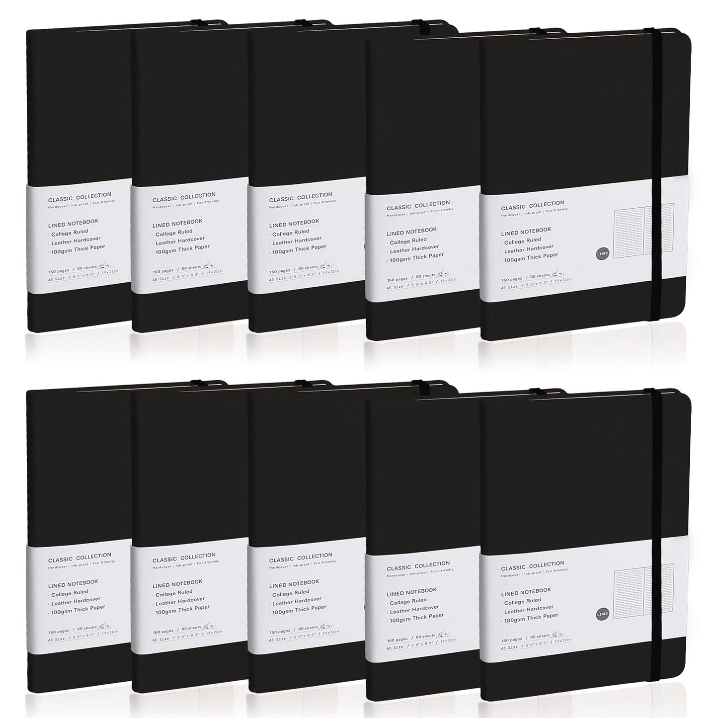 EMOMAS Lined Journal Notebook, 10Pack Hardcover Notebook for Men & Women – Journals for Writing, Work, School, Home & Daily Notes, 160 Pages – Medium A5, 5.7"x8", 100 gsm Thick Paper (Black)