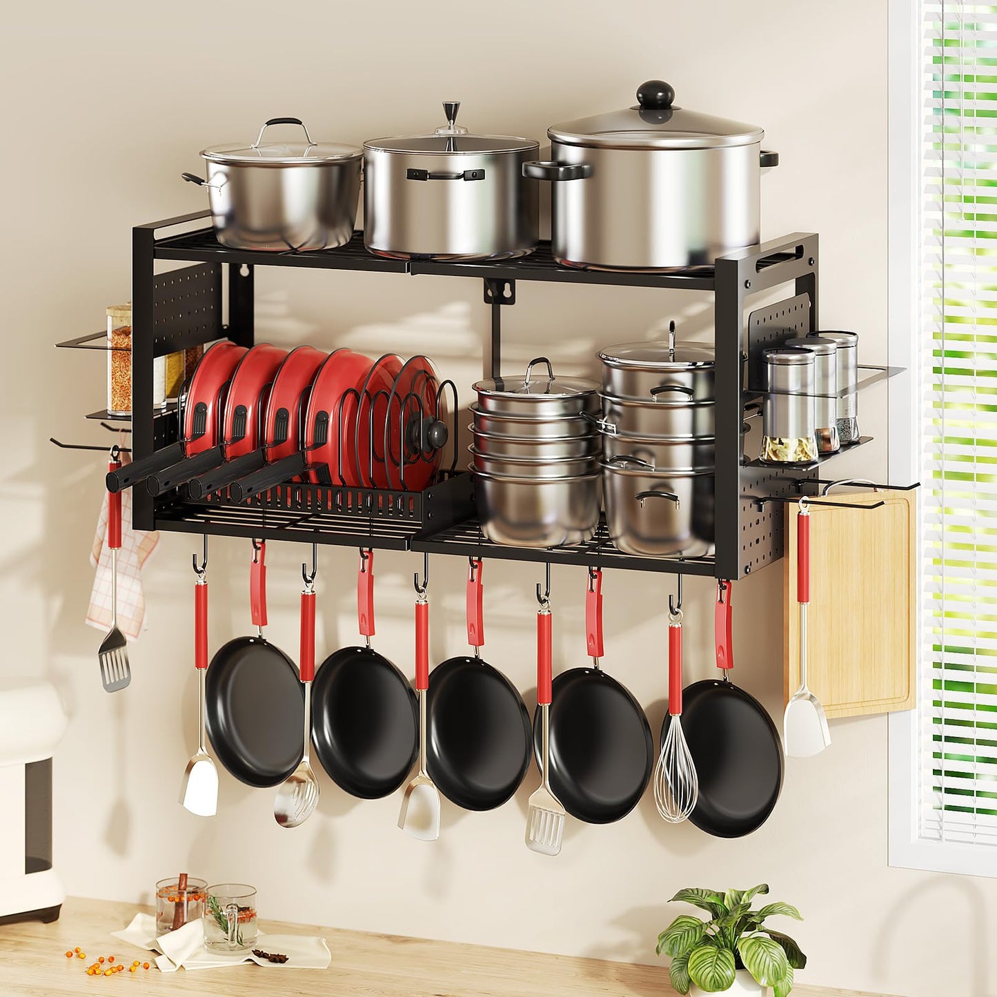 31 Inch Pot Rack Wall Mounted，3 in 1 Pots and Pans Organizer with 2 tier Kitchen Racks & Pot Lid Organizer Holder and 20 Hooks,Heavy Duty Hanging Pot Hanger for Kitchen Cookware, Utensils, Black