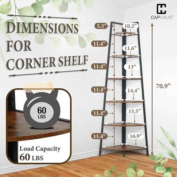 CAPHAUS Tall Corner Shelf Stand, 6-Tier Display Shelves, Ladder Corner Wood Storage Plant Bookshelf with Metal Frame, Versatile Shelving Unit Bookcase for Home Office Space, Rustic Oak