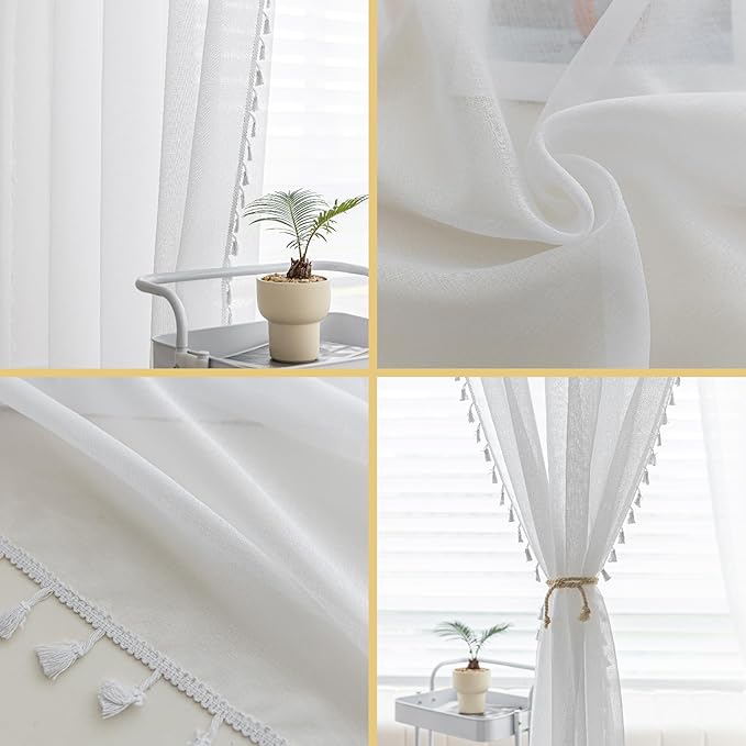 White Sheer Curtains 72 inch Long, Fringed Edges and Textured Semi Sheer Curtains Large Window Treatments for Living Room/Bedroom, 3 Panels