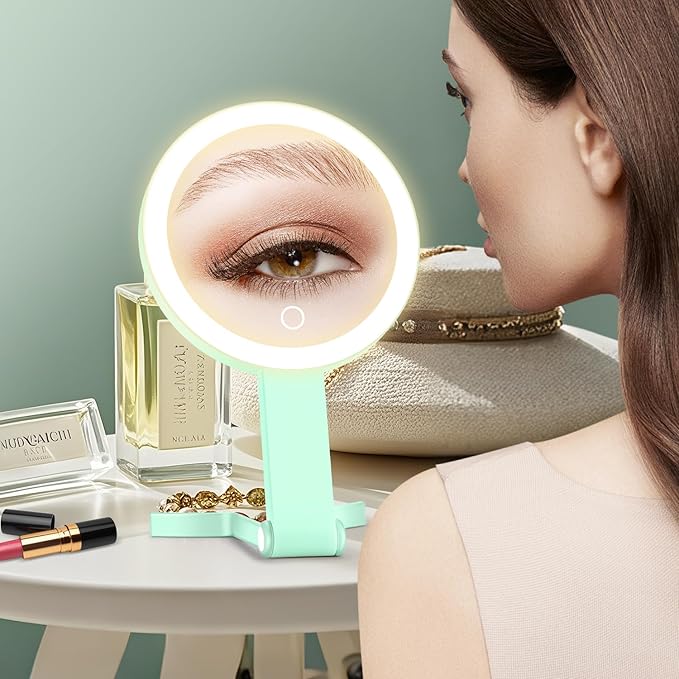 Lighted Makeup Mirror, 30X Magnifying Mirror with Light, Hanging and Handheld Mirror with Handle, Green