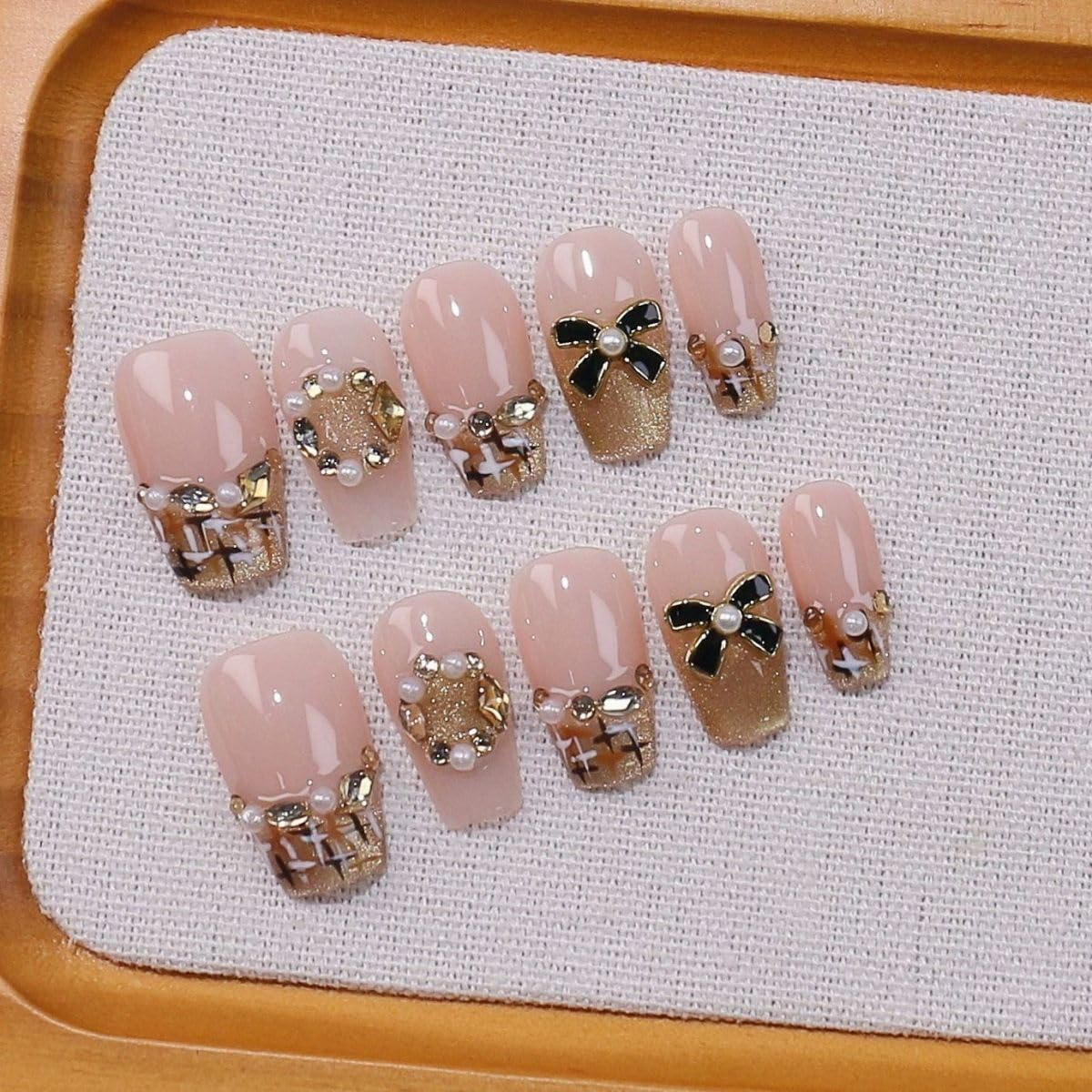 Threelegscat Short Handmade Press on Nails Coffin Stick on Nails with Rhinestone and Bow Designs Nude Press Ons Size L 10pcs