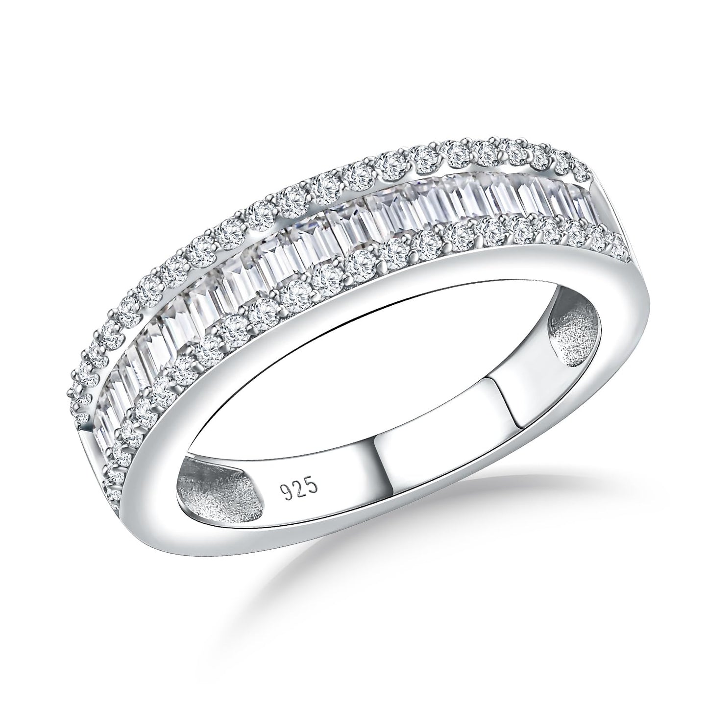 RANDES Cubic Zirconia Wedding Bands for Women Men 925 Sterling Silver Diamond Emerald Cut Eternity Band Rings Size 10.5