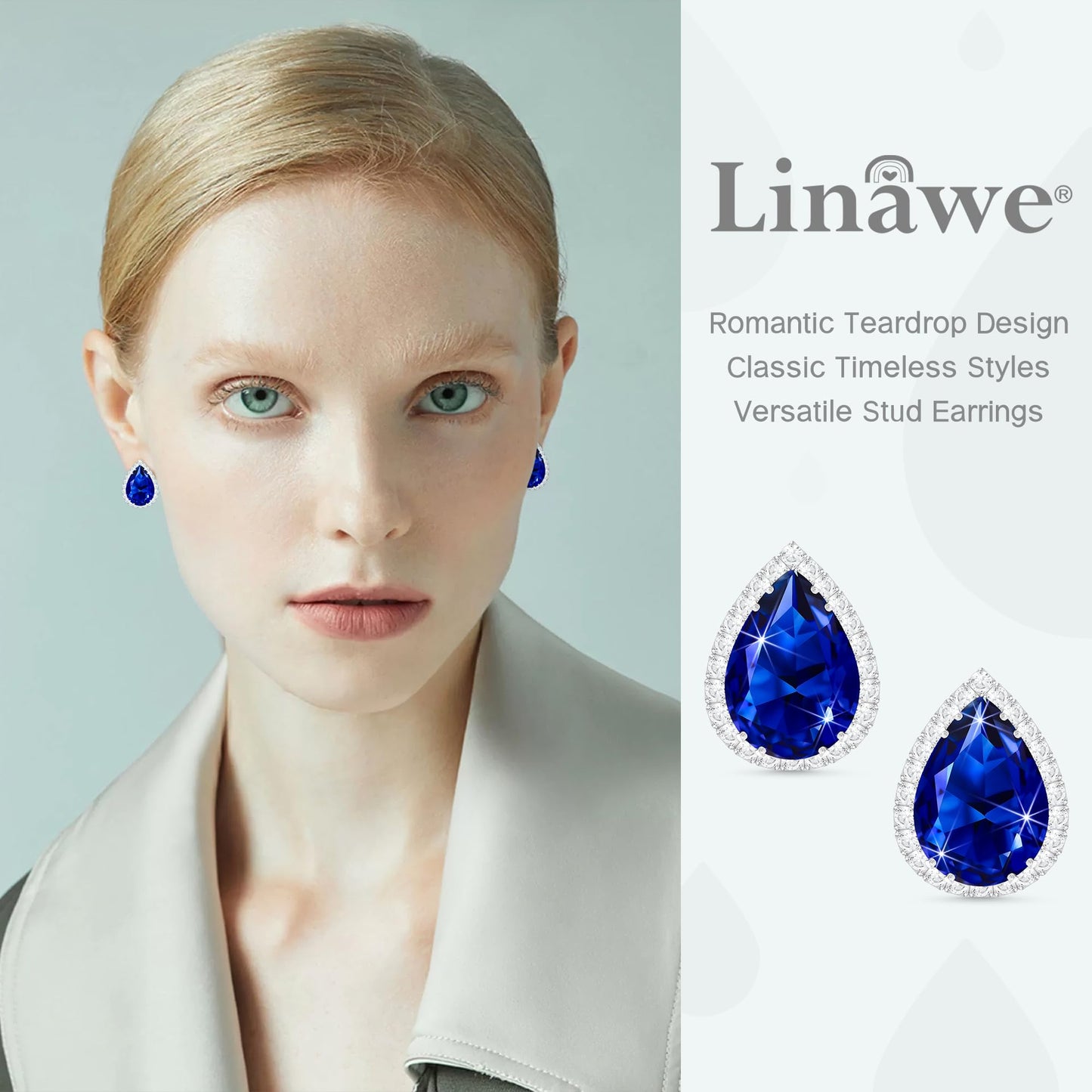Linawe Sapphire Imitation Diamond Royal Blue Teardrop Stud Earrings for Women, Silver White Gold Cubic Zirconia Navy Blue Statement Rhinestone Crystal Earrings Studs Set
