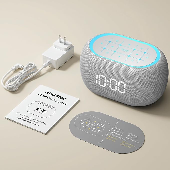 ANJANK White Noise Sound Machine Alarm Clock with Bluetooth Speaker, 21 Relaxing Sounds, 7 Night Lights,0-100% Dimmer/Sleep Timer/30-Level Volume Control,Sound Machine for Kids Adults Sleeping,Bedroom