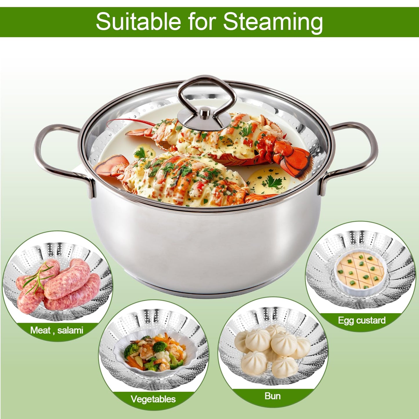Vegetable Steamer Basket - 304 Stainless Steel Folding Steamer Basket for Cooking, Vegetables, Fish, Pasta, Eggs, Fit Various Size Pot (5.5 inches to 9 inches)