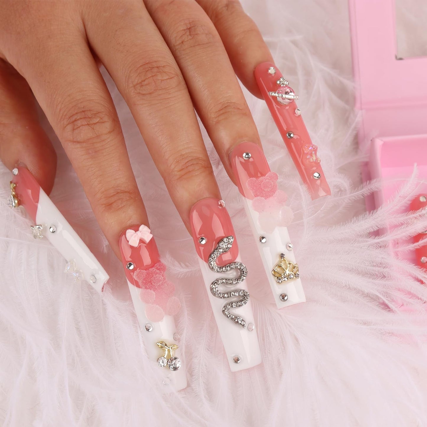 Handmade Long Acrylic Nail Tips, Pink Press on Nails with Full Covered Crystals, Fake Luxury Diamond Nails, Long Square False Nails, Gifts for Women, Reusable Stick On Nails 10Pcs,Light pink Size L