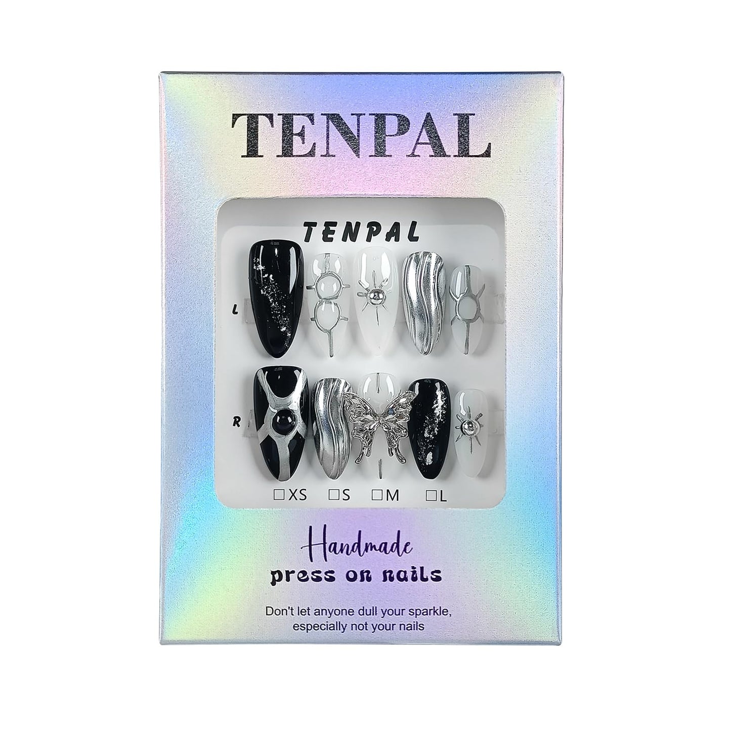 TENPAL Metallic Press on Nails Medium Almond,Punk Goth Fake Nails with 3D Butterfly,Glitter Y2K Metallic Geometric False Nails with Hand-Painted Waves,Soft Gel Black Silver Chrome Nails(M,Black)