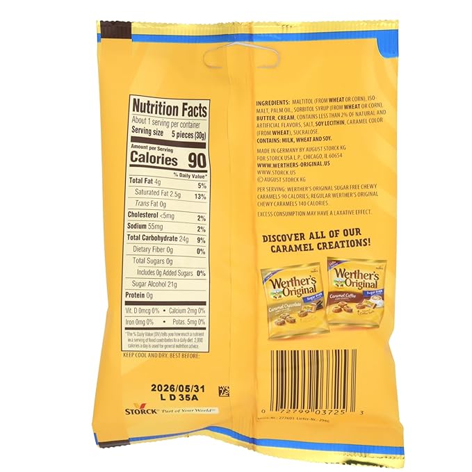 Werther's Sugar Free Chewy Caramels, Individually Wrapped Pieces, Candy Bowl Filler Treats, 1.46 Ounces (Pack of 4)