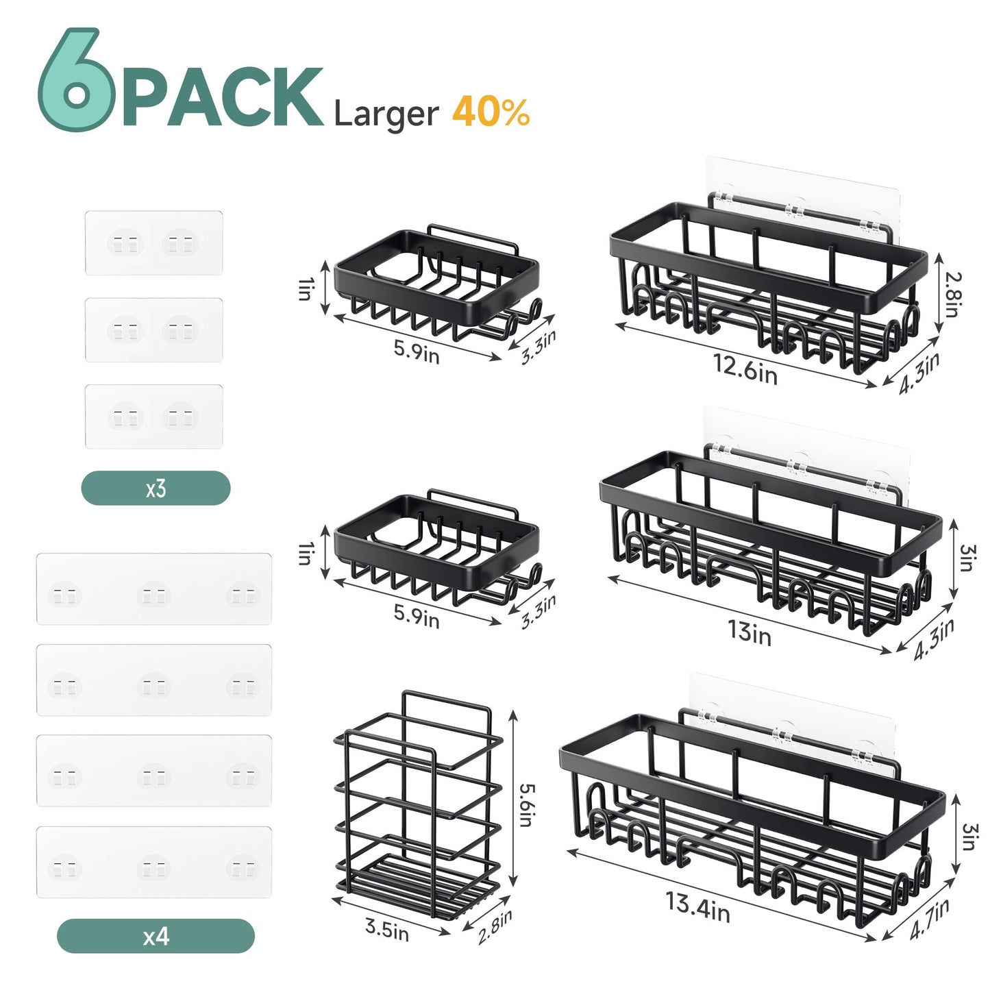 Veken Shower Caddy 6-Pack, Advanced Rustproof Design, No Drilling Adhesive Shelves, Rack with Soap Holder, Large Capacity Bathroom Organizers and Storage, Wall-Mounted Kitchen & Home Decor