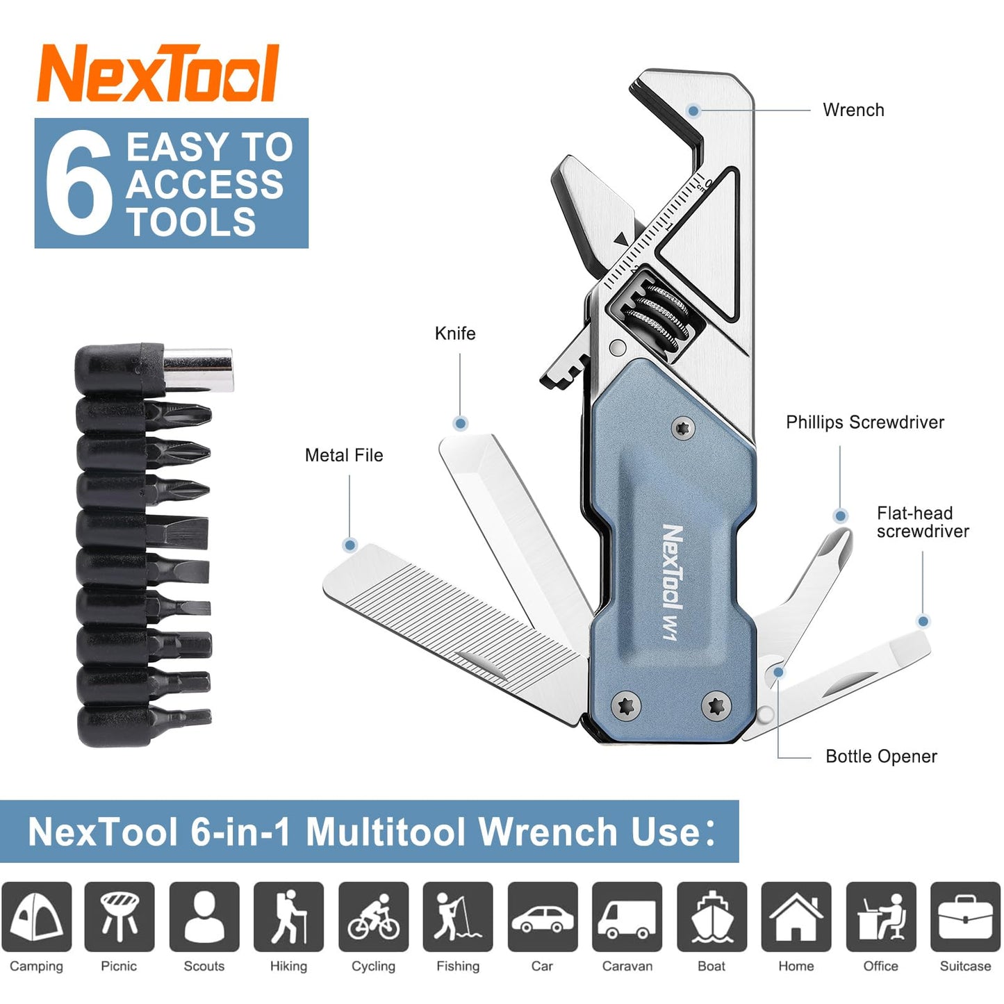 NexTool EDC Multi Tool, 6 in 1 Wrench Multitool with Knife, Flat/Phillips Screwdriver and Bottle Opener, Bike Multitool with 9 in 1 Bits Set and Nylon Pouch for Cycling Maintenancen, Household Repairs