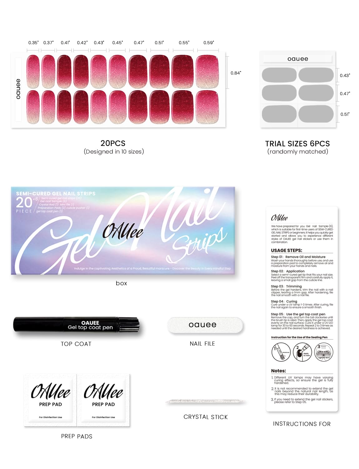 Oauee Semi Cured Gel Nail Strips | Built-In Gel Top Coat | UV Light Required | Salon Quality, Easy Application And Removal (Ruby Glitter）