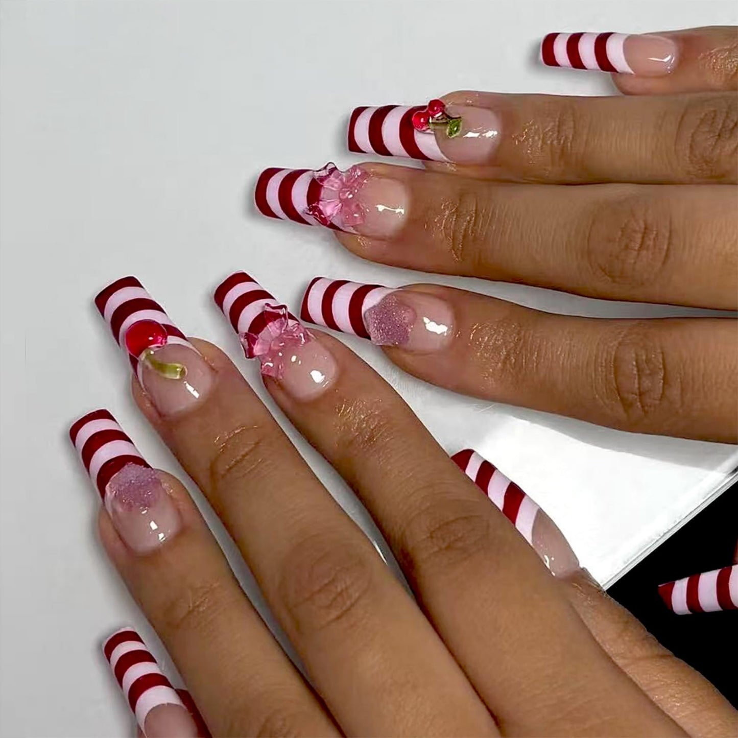 Long Press on Nails Square Fake Nails Red Artificial Nail Candy Stripe Cherry Bow Glitter Accent Glossy Stick on Nail Sweet Holiday Party Look for Women 24pcs