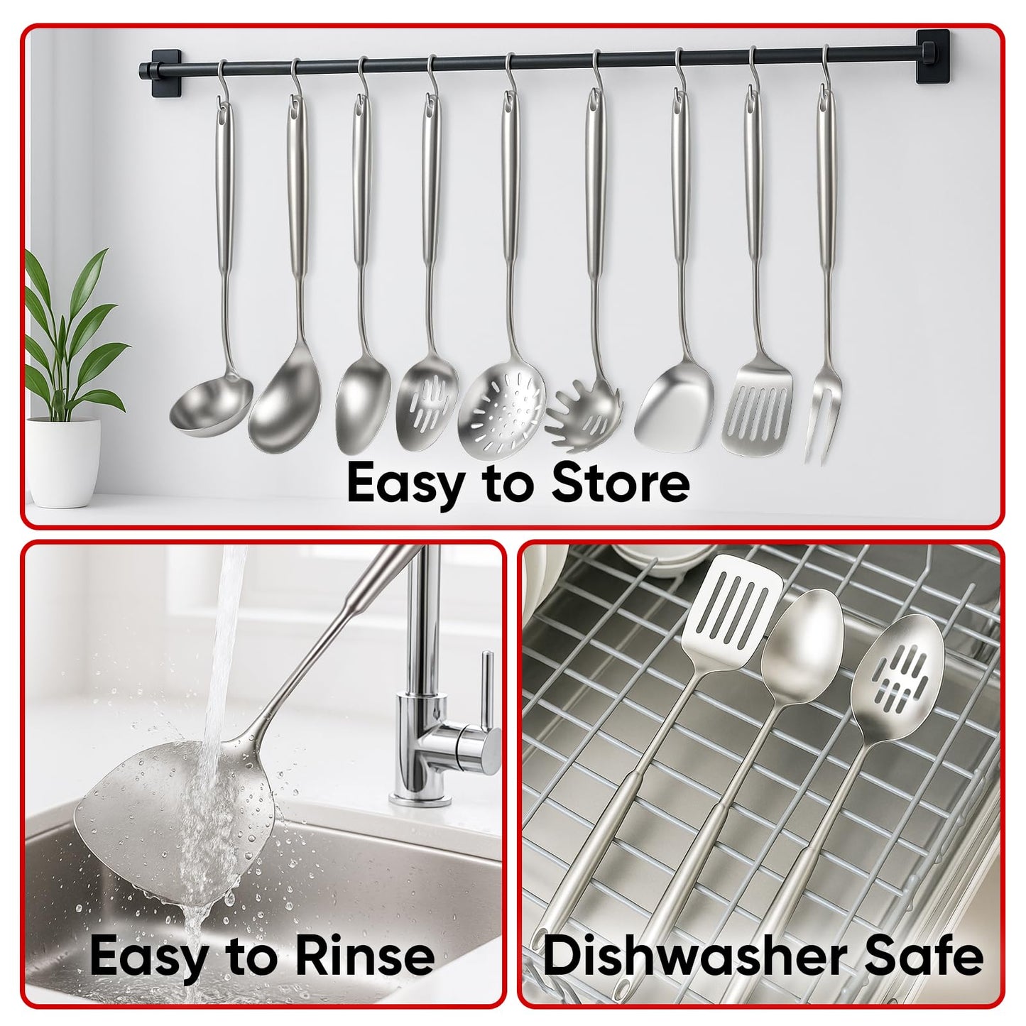 Newness 9 Pcs Cooking Utensils Set, 304 Stainless Steel Kitchen Utensils Set, Metal Kitchen Accessories, Include Soup Ladle, Slotted Skimmer Spoon, Spaghetti Spoon and Spatula, Dishwasher Safe