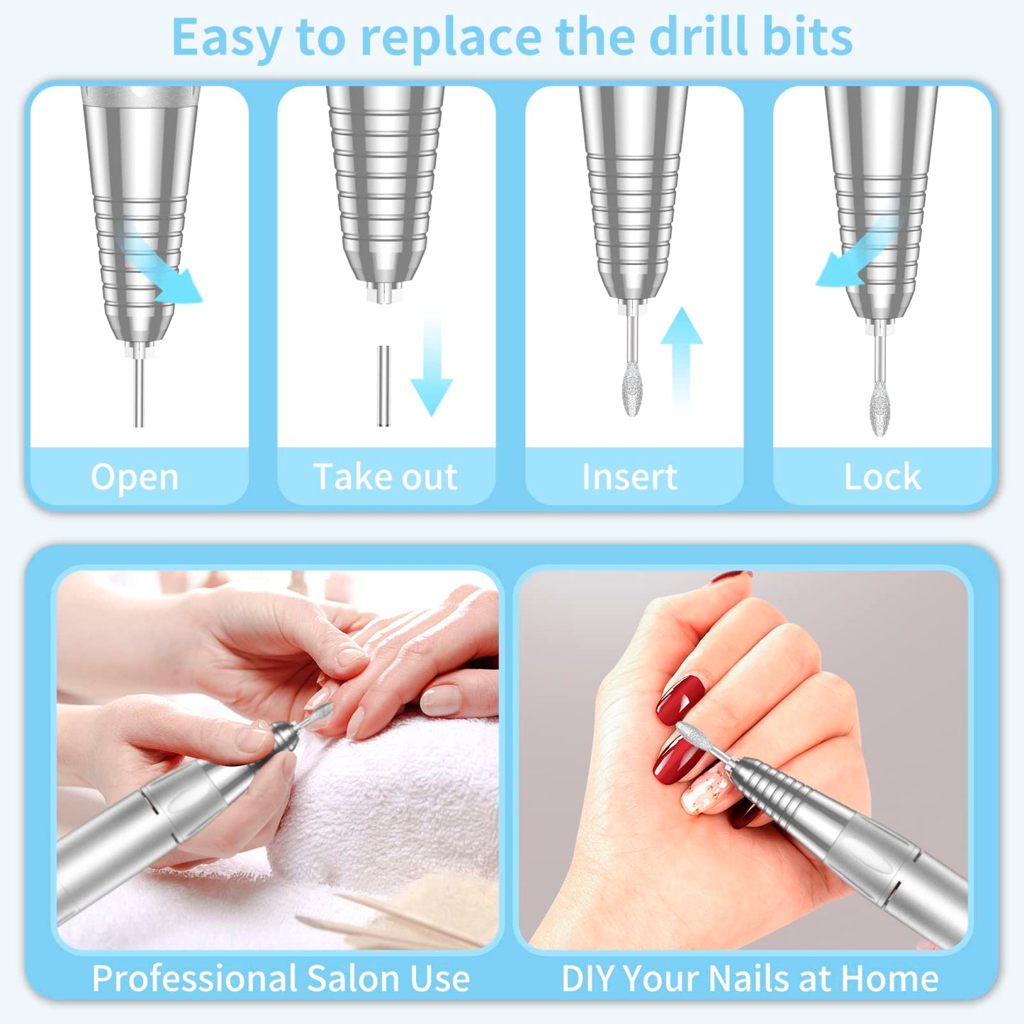 Portable Nail Drill Professional 35000 RPM, MOCOWIND Rechargeable Electric Nail File Machine E File for Acrylic Gel Polishing Removing, Cordless E-File with Bits Kit for Manicure Salon Home, Blue