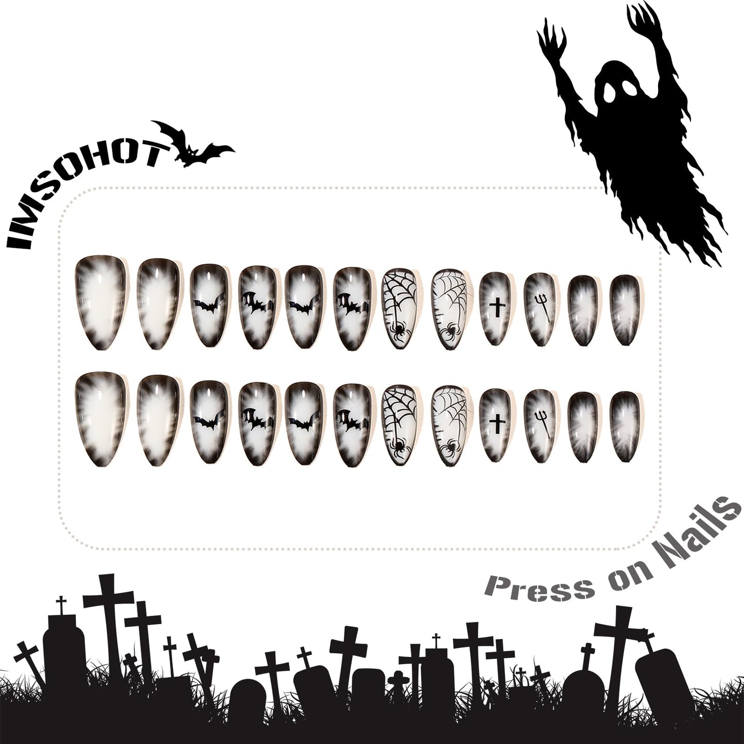 IMSOHOT Halloween Press on Nails Medium Almond Fake Nails Black French Tip False Nails with White Ombre & Ghost Designs Full Cover Acrylic Glue on Nails