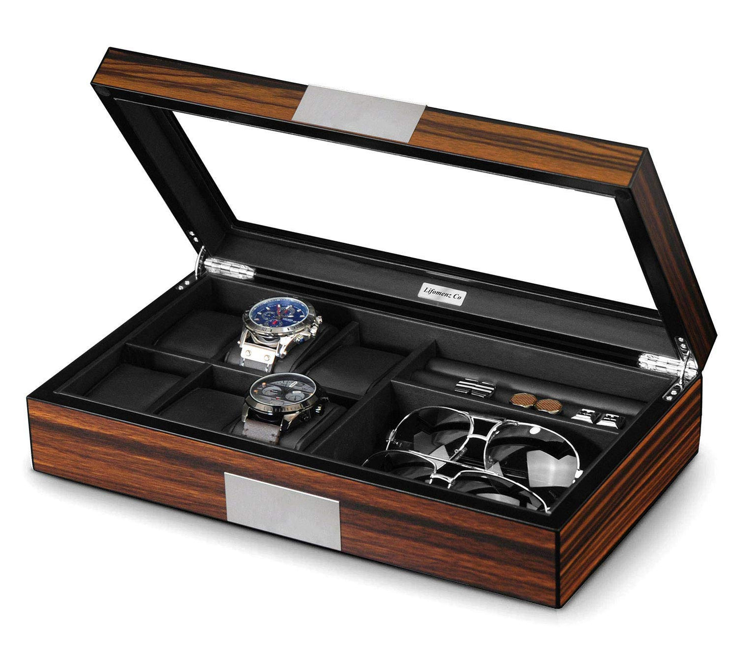 Lifomenz Co Men's 6 Slot Watch Box, 8 Pair Cufflinks & Sunglasses Display Case, Brown PU Leather & Glass Top
