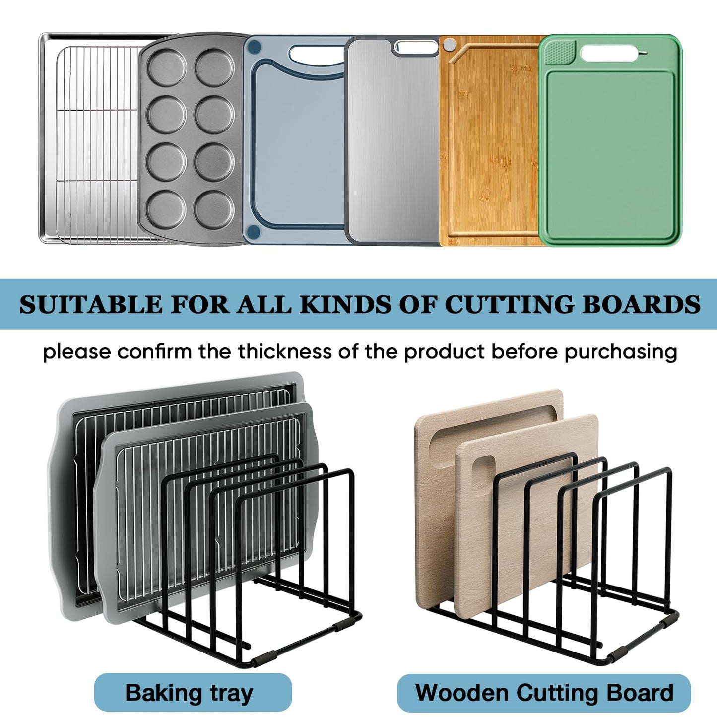 SAGLAU 2-Pack Cutting Board Organizer, 5-Slot Steel Kitchen Storage Rack for Cutting Boards, Baking Trays, and Thin Pans - Compact Clutter-Free Solution