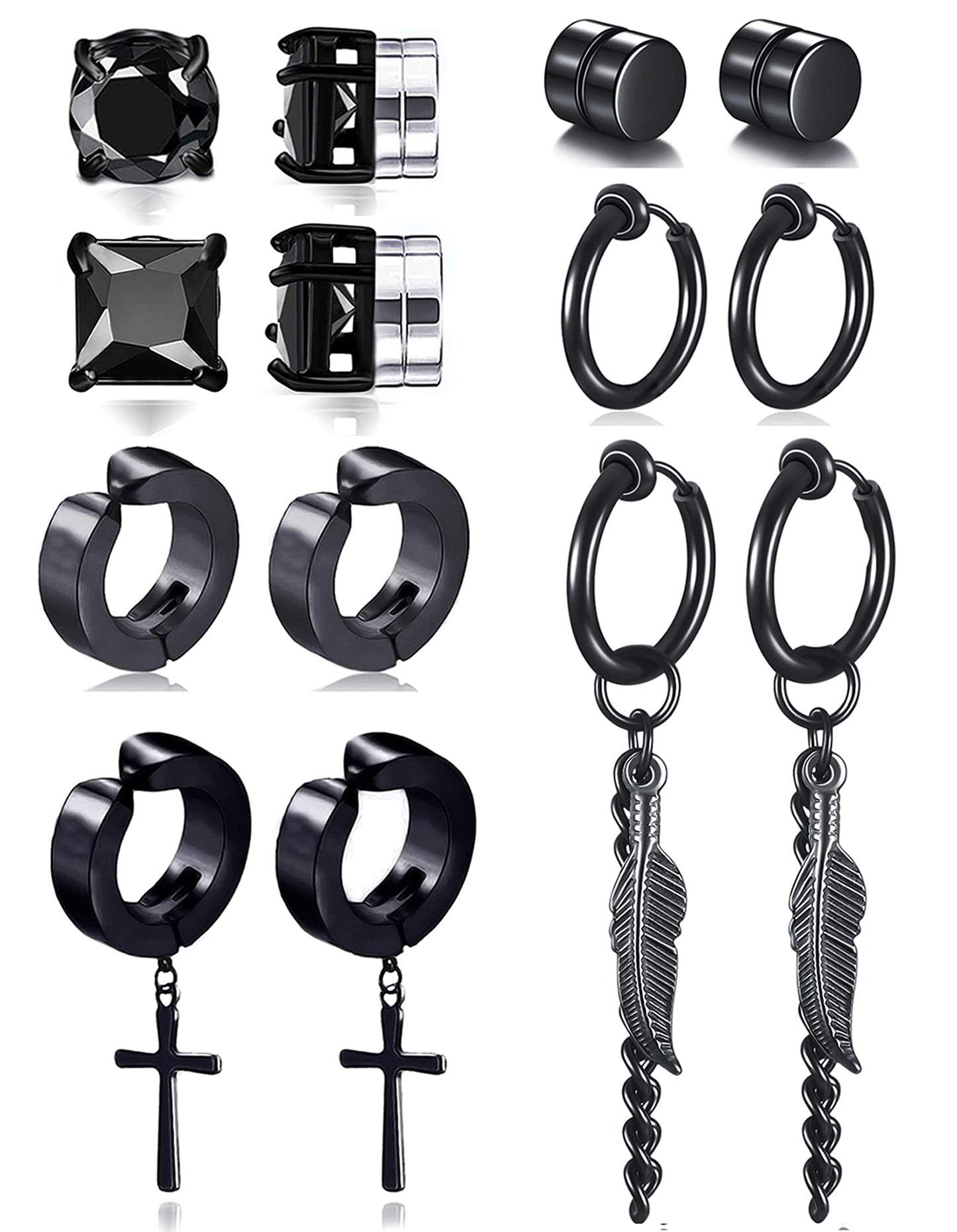 Ofeiyaa 7 Pairs Magnetic Stud Earrings Stainless Steel CZ Clip On Earring Non-Piercing Huggie Hoop Earring Chain Feather Pendant Drop Dangle Earrings Set For Women Men Black Silver Tone