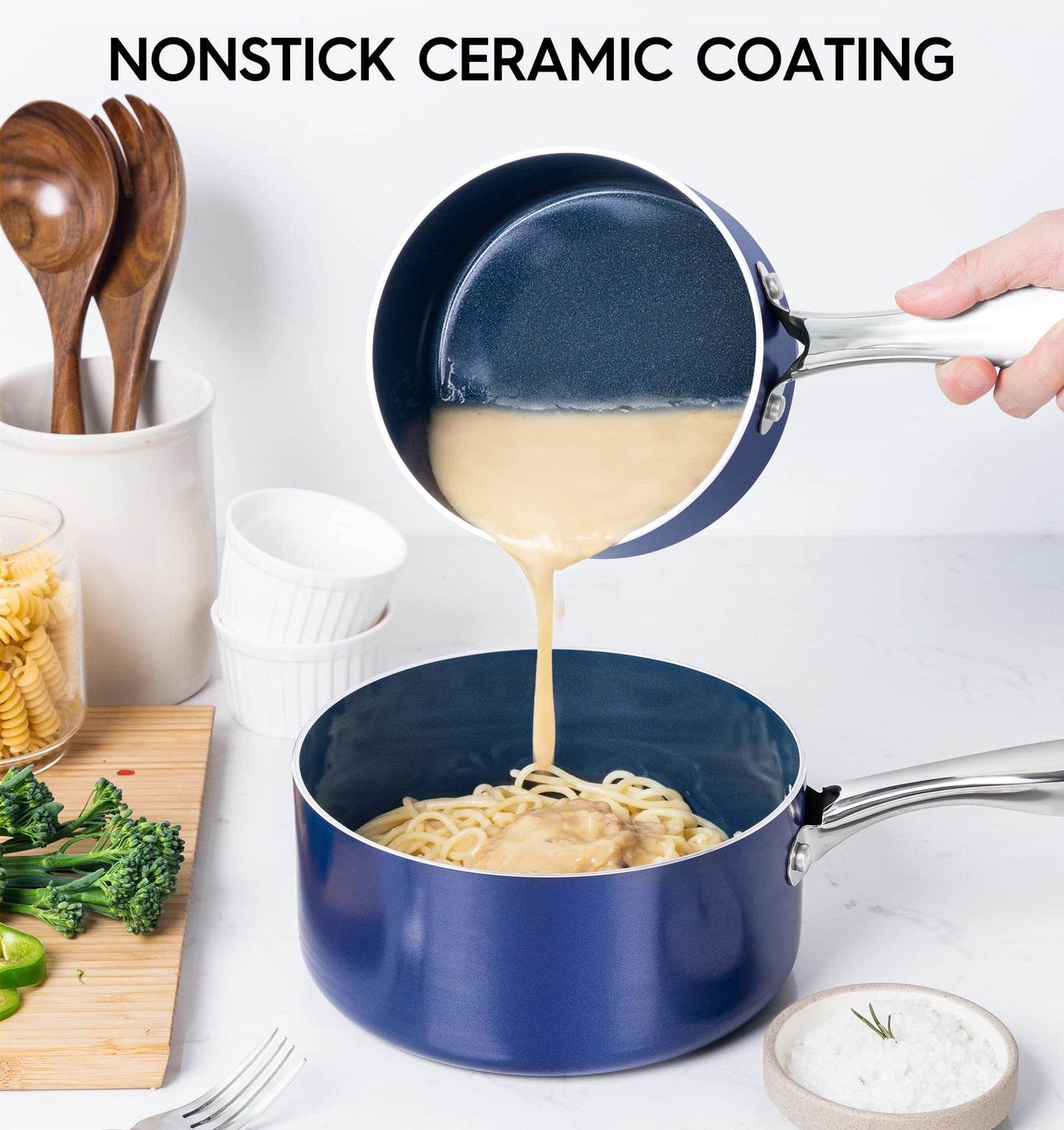 MICHELANGELO 4 Quart Saucepan with Lid, Nonstick Ceramic Sauce Pan with Stainless Steel Handle, 4 Qt Saucepan with Lid Induction Compatible, Oven Safe, Blue