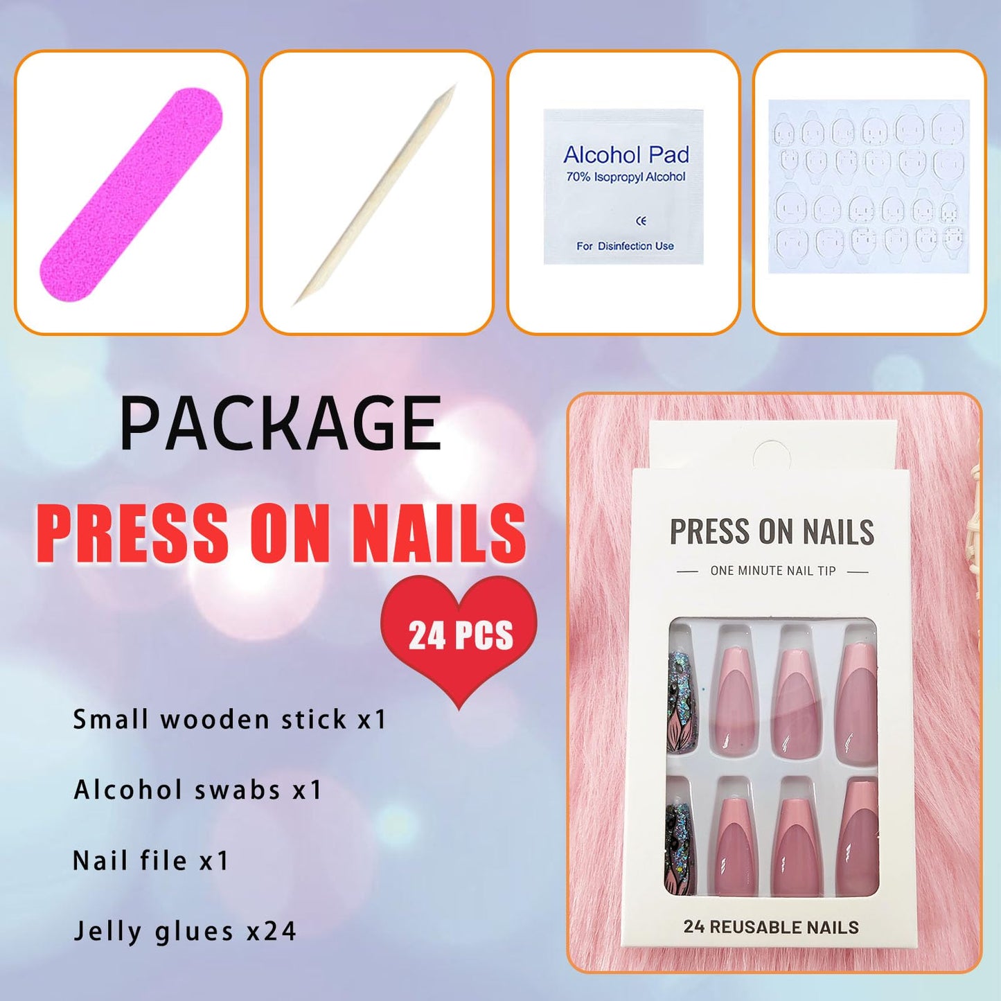 Coffin Press on Nails Medium Dark Pink French Tip Fake Nails Press ons, Full Cover Flase Nails with Glitter Flower Designs Artificial Long Acrylic Glue on Nails for Women 24 Pcs
