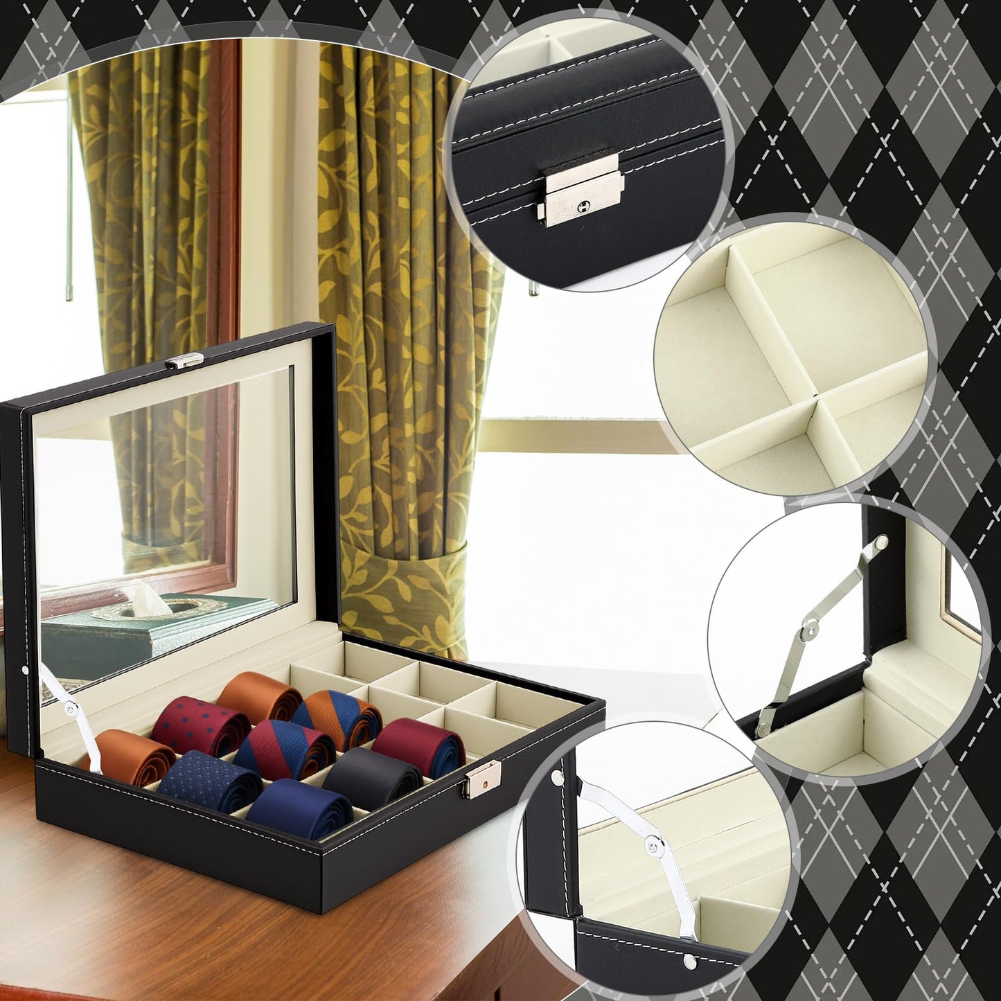 AceOrbit Luxury Tie Display Case with Glass Lid – 15 Slot Organizer for Men's Ties & Accessories, Lockable Dresser Storage Box, Elegant Gift for Husband or Father