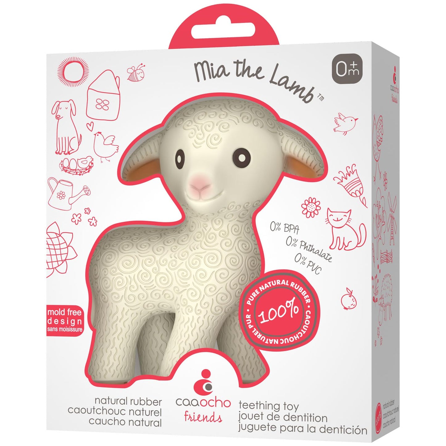 CaaOcho Pure Natural Rubber Teething Baby Toy - Mia the Lamb Teether for Babies, BPA Free Baby Toy, All Natural Teething Toys for Babies 0-6, Safe and Fun Molar Teether Toy