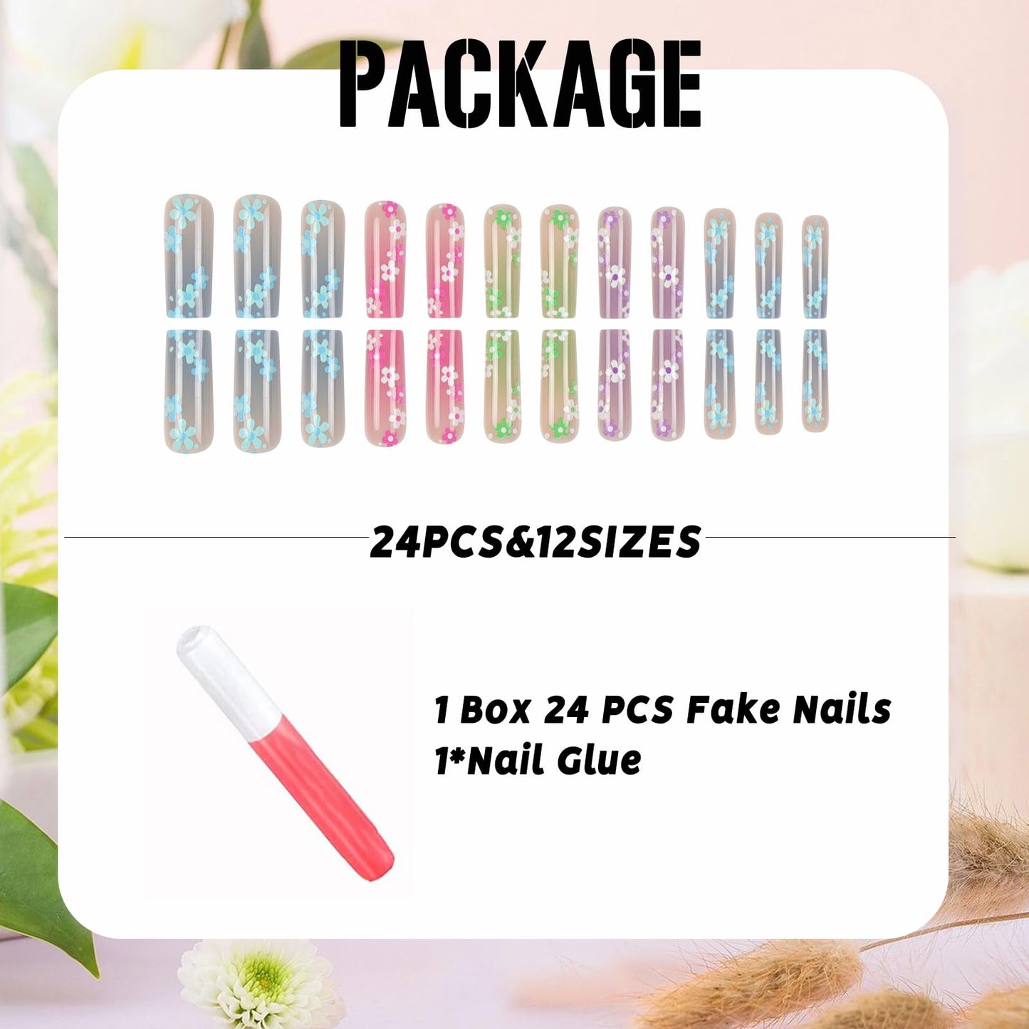 IMSOHOT Long Square Press on Nails Colorful Ombre Fake Nails with Small Flower Designs Glossy Acrylic False Nails Glossy Acrylic Stick on Nails for Women 24Pcs