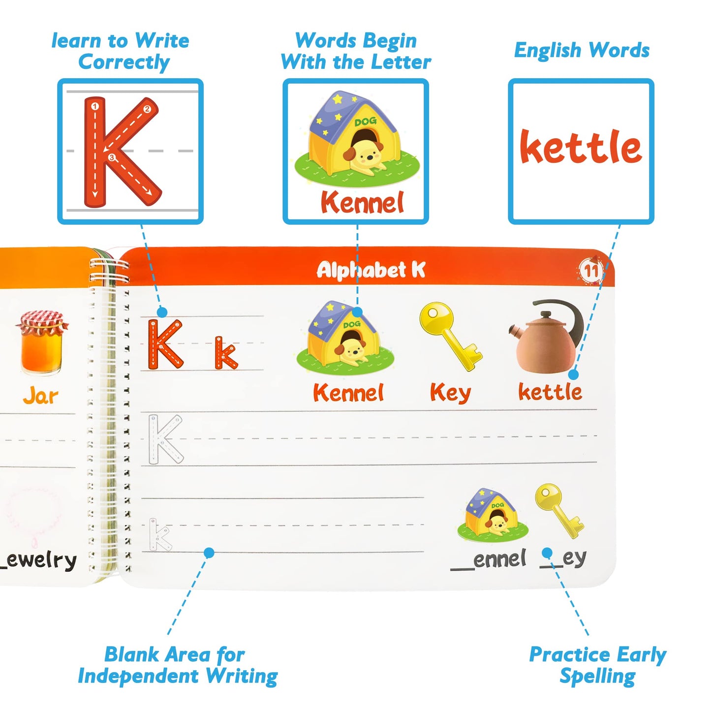 Handwriting Practice Tracing Books for Kids Ages 3-5, Montessori Preschool Learning Activity, Autism Educational Learn Number Letters Shapes Animal & Sight Words Workbook with 8 Dry Erase Markers