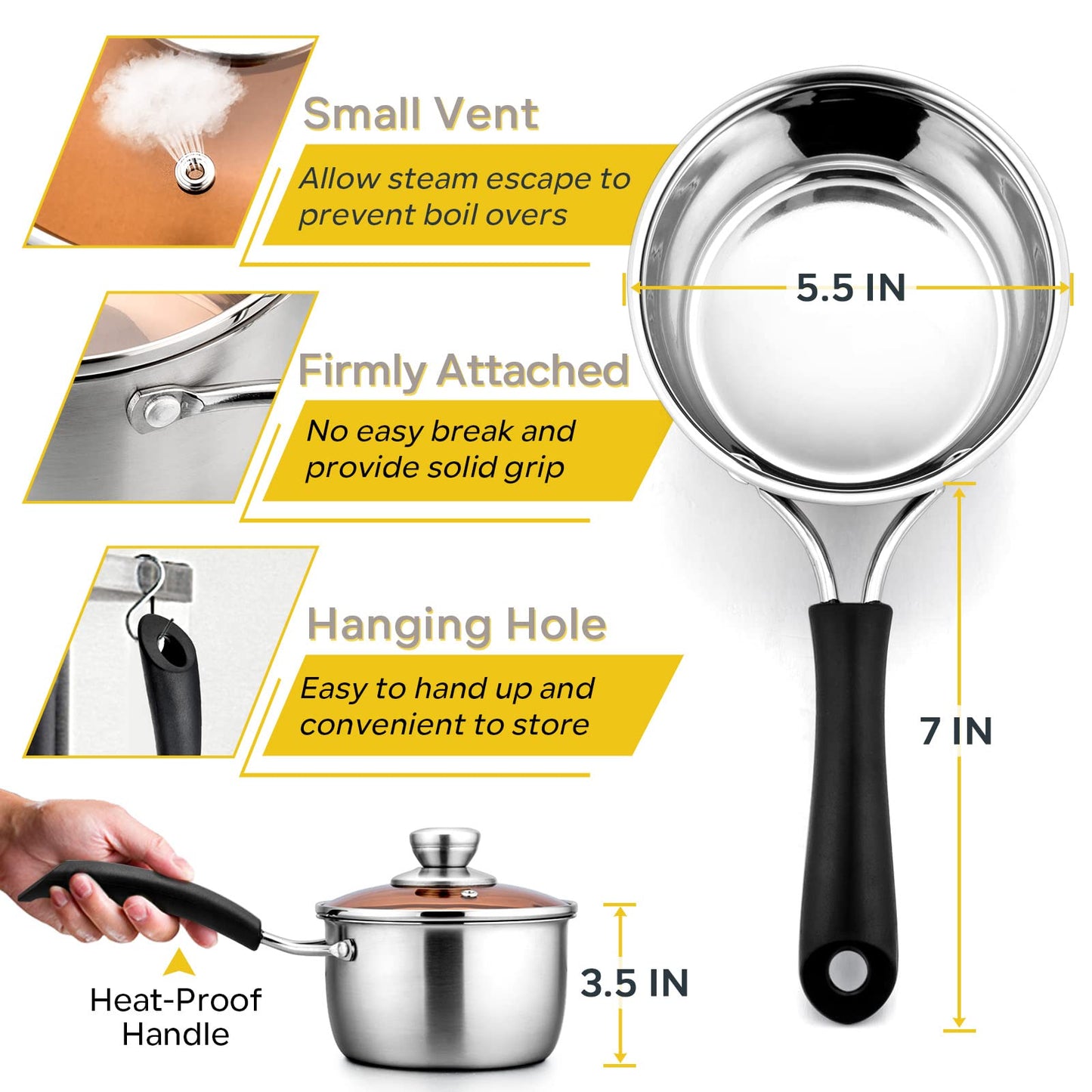 E-far 1 Quart Saucepan with Lid, Stainless Steel Small Sauce Pot with Glass Lid for Cooking, Easy Clean & Rust Free, Dishwasher Safe