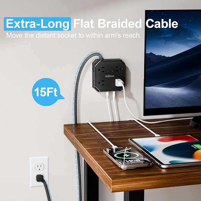 Surge Protector Power Strip-15 Ft Flat Plug Extension Cord with 8 Widely Outlets and 4 USB Ports(2 USB C) Multi Plug Outlet Extender for Office, School, Travel and Dorm Room Essentials-Black