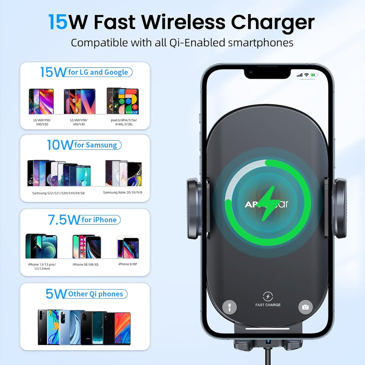 APPS2Car Car Cup Phone Holder Wireless Charger with QC 3.0 Adapter, 15 Watt Qi Fast Charging, Compatible with iPhone 11/12/13/14/15/16/Pro/Max/Plus and Universal All Models Phone Holder