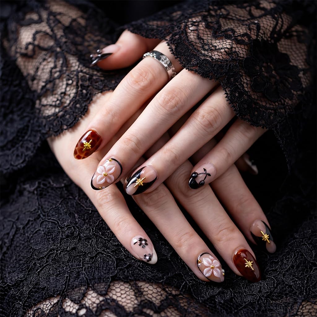 IntoVibes 10 Pieces Handmade Short Almond Press On Nails, Black Thickened False Nails, 3D Cherries And Flowers, Reusable Fake Nails Almond, Reusable Acrylic Nails (M)