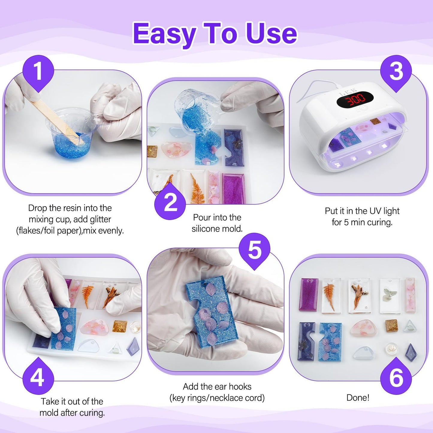 UV Light for Resin, 36W 24 LED Double-Sided UV Curing Lamp with Power Adapter, Fast Curing with 3 Timers, Jewelry Making Kit –9 Silicone Molds, 48 Metal Clasps, 5 Pipettes & Tools Set for DIY Crafts