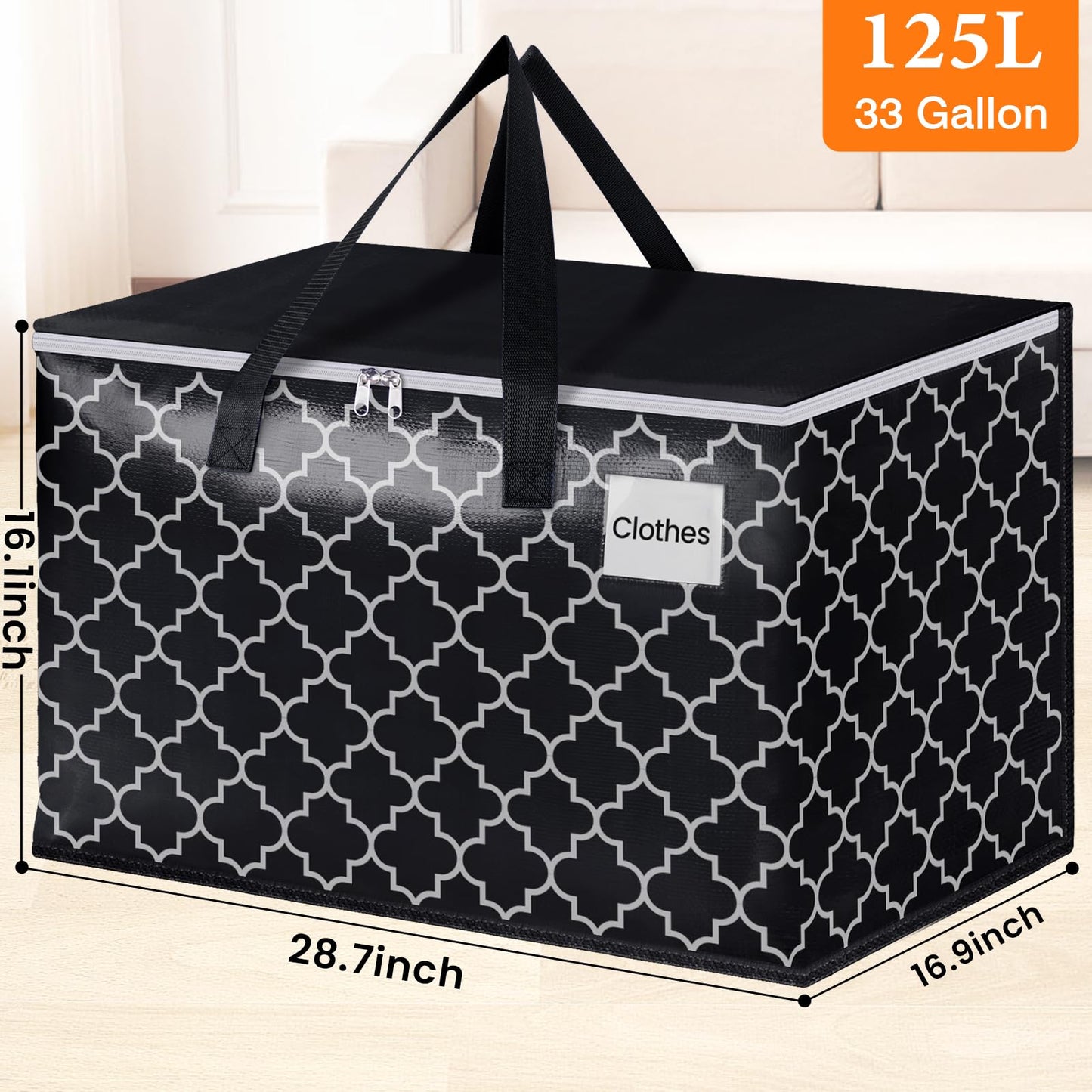 HomeHacks Heavy Duty Moving Bags with Tag Pockets, Collapsible Storage Totes for Moving, Camping & Travel -Foldable Packing Boxes, Zipper Handles, Black（2 Packs, 125L）