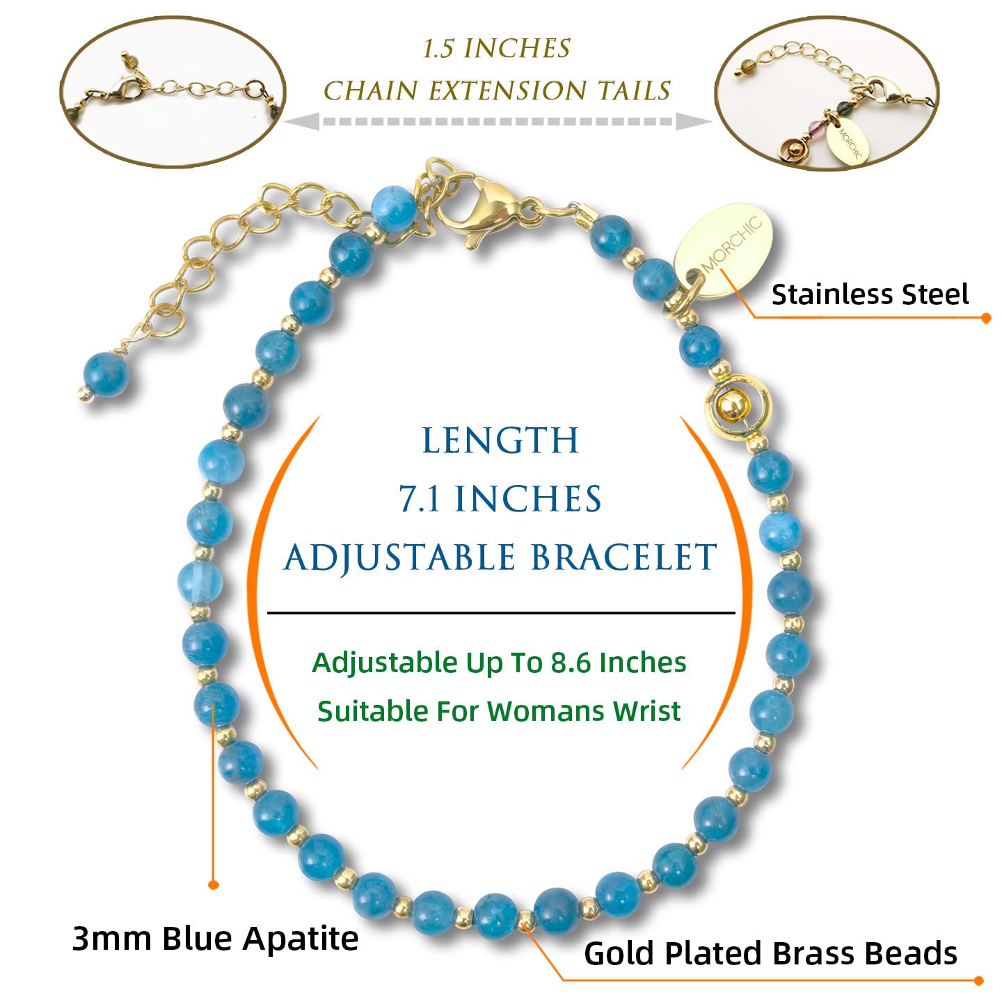 Morchic 3mm Blue Apatite Natural Gemstone Beaded Bracelet for Women, Dainty Charm Tiny Jewelry, Adjustable 7.1-8.6", Ideal Birthday Holiday Gift