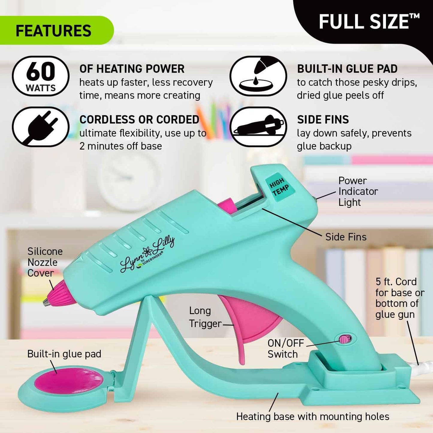 Surebonder Lynn Lilly Edition Cordless/Corded Full Size Hot Glue Gun Kit with All Purpose Hot Glue Roll and Tough High Strength Glue Sticks - Blue