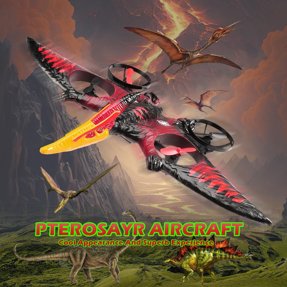 Dinosaur Remote Control Drone, 2.4G EPP Foam RC Pterodactyl Hobby RC Airplanes with 6-Axis Gyro, One Key Takeoff Landing, Stunt Roll & 360 Flip, Fighter Jet Toy Christmas Birthday Gift for Boys Girls