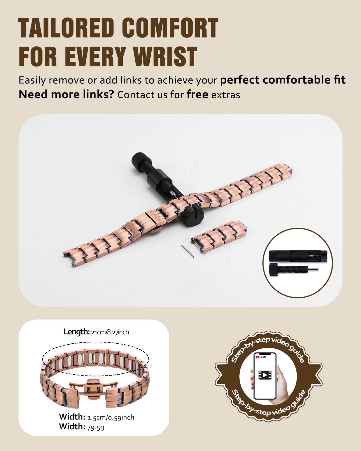 Jecanori Pure Copper Bracelet for Men, 5X Strength Magnetic Bracelets for Men with 5,000 Gauss Ellipses Magnets & Premium Butterfly Clasp
