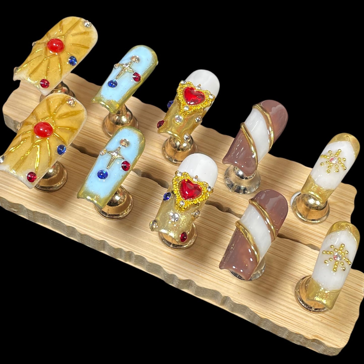 Handmade Press On Nails Middle/Long Square Luxury Acrylic Fake Nails - Vintage Red Heart & Diamond Gold Salon False Nails, 3D Press Ons Gift for Women (Luxury gold, S)