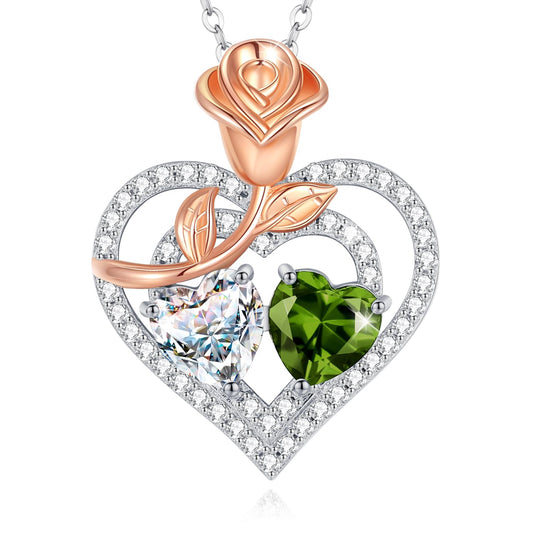 AGVANA April August Birthstone Jewelry CZ Peridot Necklace Sterling Silver Rose Flower Heart Double Birthstone Pendant Necklace Anniversary Birthday Gifts for Women Mom Wife Lady Her