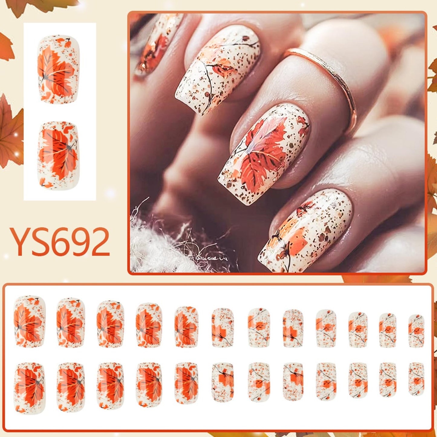 CJDLTS Fall Fake Nail Medium Square Thanksgiving Press on Nails Maple Leaf Artificial Fingernails Full Cover Glossy Autumn Stick on Nail Press Ons Festival Glue on Nails for Women 24Pcs