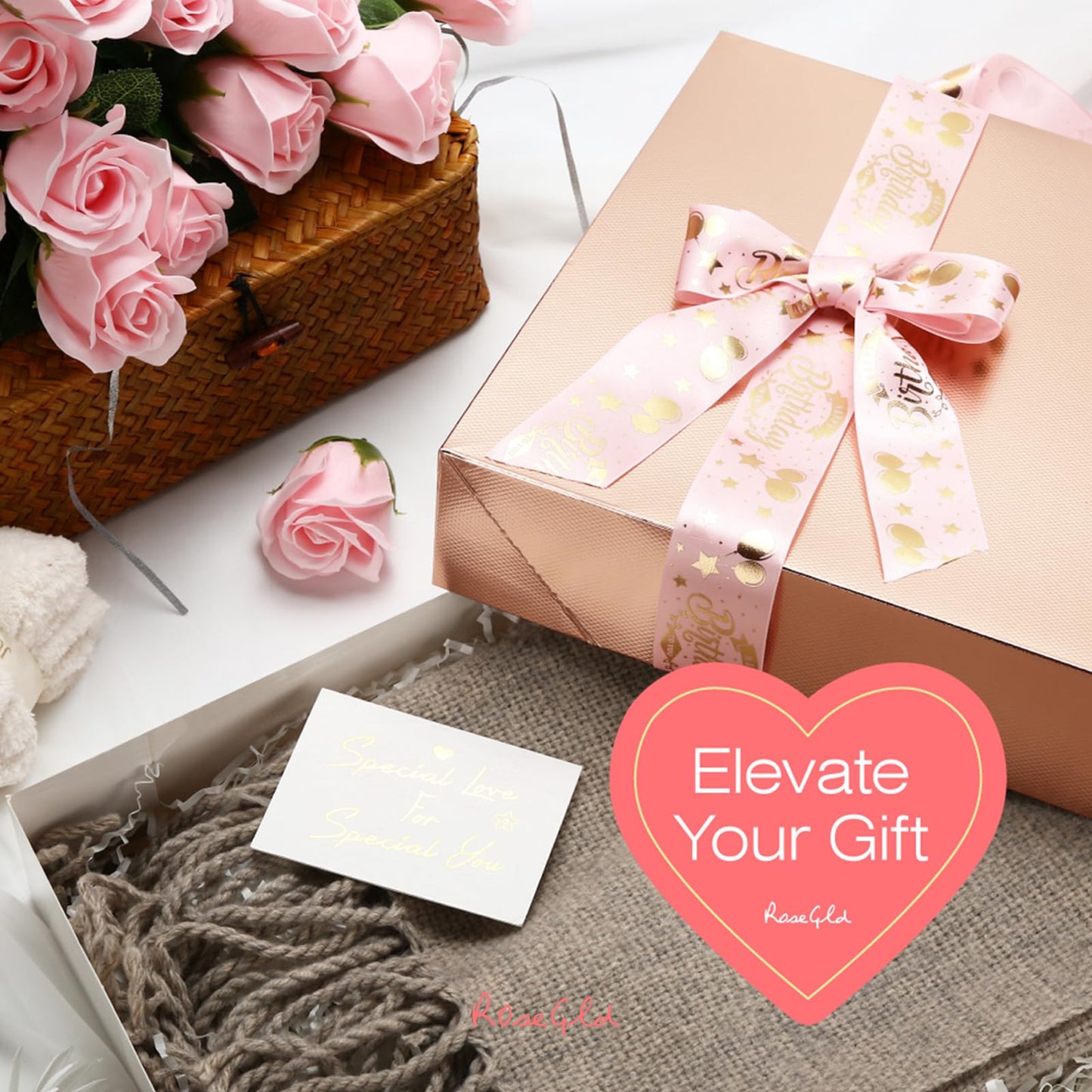 ROSEGLD 6 Extra Large Gift Boxes with Lids - 17x11x2.5 Inches, Rose Gold Gift Wrap Boxes with Grain Texture for Clothes & Apparel