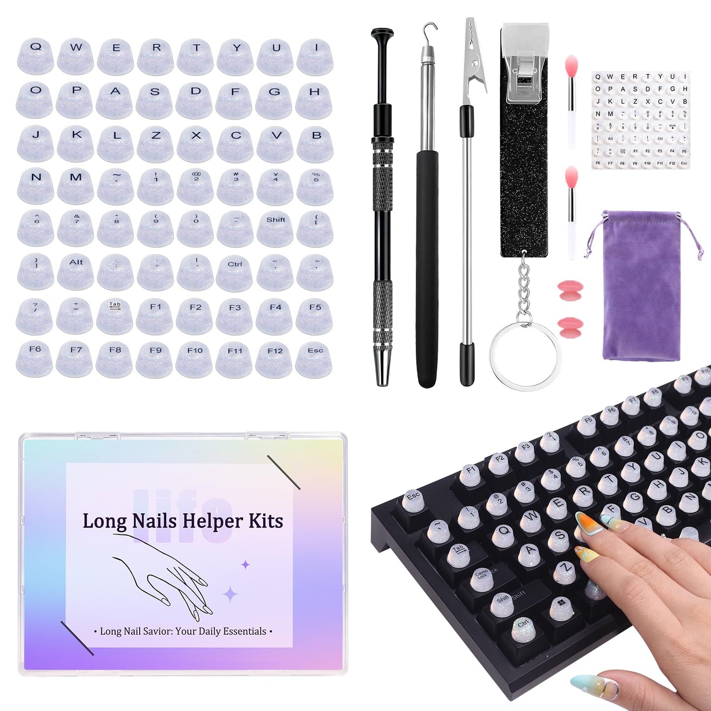 Raisetip Long Nail Helper Tool|Raised Button Keyboard, Jewelry Grabber Tool, Bracelet Helper, Card Grabber, Silicone Lip Brushes – Ideal Gift for Women with Long Nails