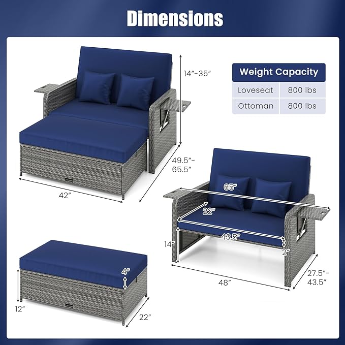 HAPPYGRILL Patio Rattan Wicker Daybed with Loveseat & Storage Ottoman, Outdoor Lounge Sofa Furniture Set with Adjustable Backrest & Side Trays, for Poolside Deck Porch Lawn (Mix Grey & Navy)