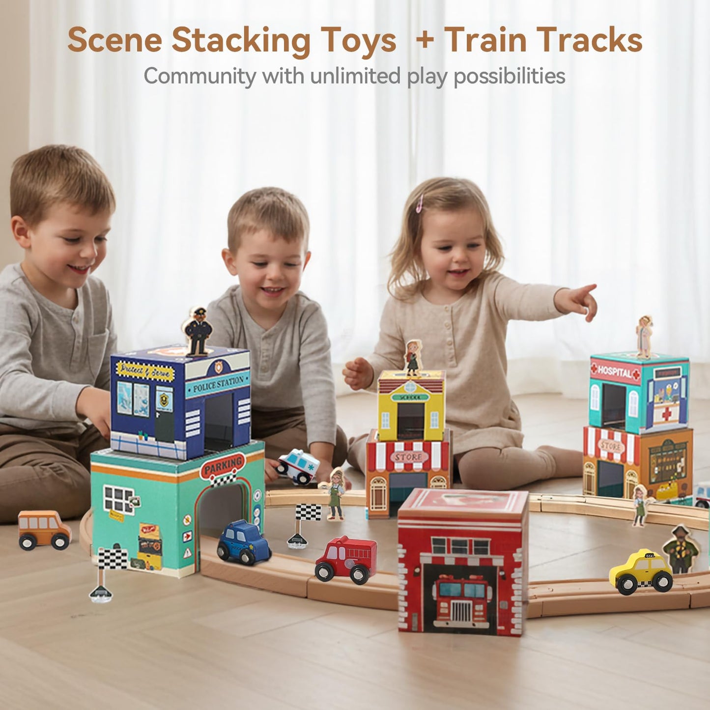 3-in-1 Sorting and Stacking Toys for Toddlers | Wooden Community Helpers, Nesting Boxes & Vehicle Track | Montessori Preschool Learning Toys Gift for 2 3 4 Year Old Boys Girls