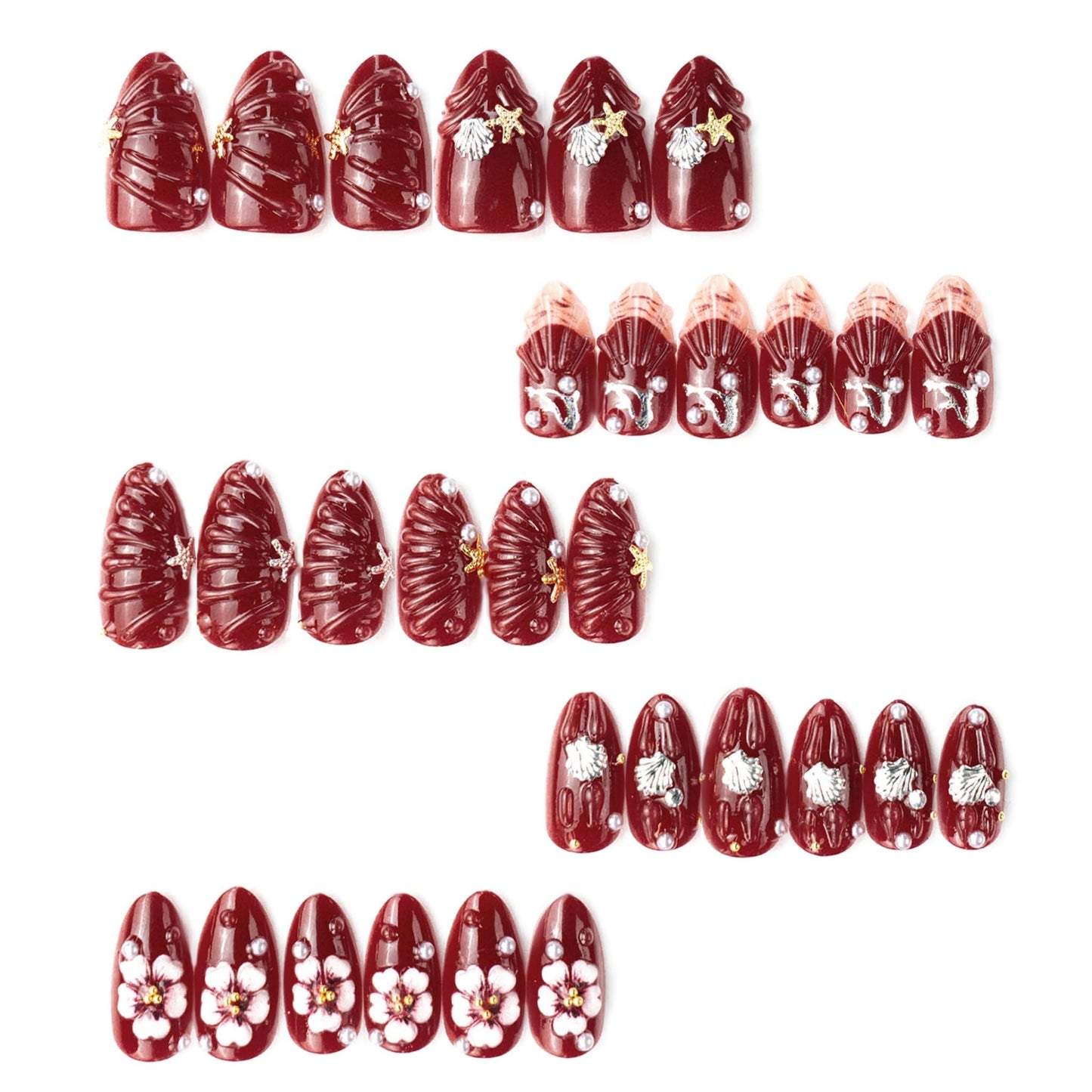 Almond Press on Nails Medium Fake Nails Brown Artificial Nail Seeneey 3D Flowers Pearl Gold Charm Designs Beach Stick on Nail for Women 30pcs