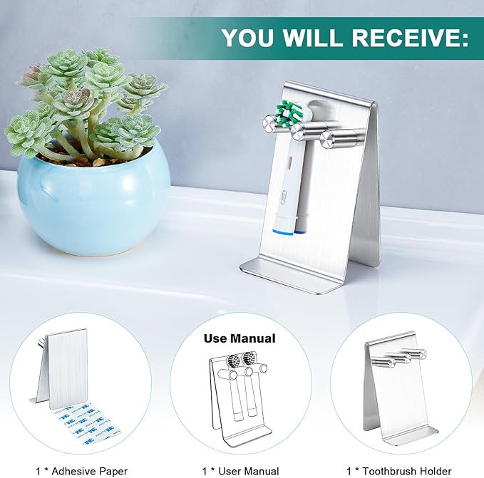 Electric Toothbrush Head Holder, Self Adhesive or Desktop Tooth Brushing Holder, Wall Mounted Toothbrush Holders Shower Bathroom, Tooth Brush Holder Organiser (Silver, Small)