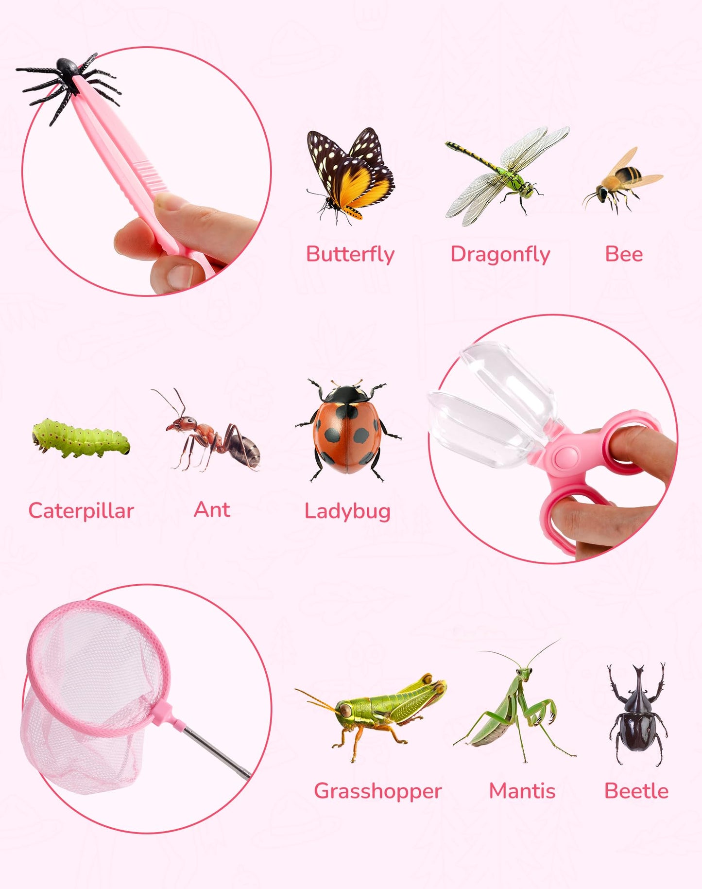 ROBUD Kids Explorer Kit, Bug Catcher Kit with Bag Kit, Pink Outdoor Exploration Set for Camping, Montessroi Toy for Kids Coming Closer to Nature，WRP28
