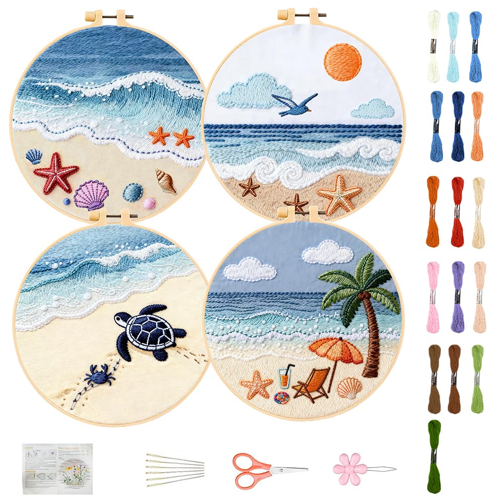 FREEBLOSS 4 Set Embroidery Kit for Beginners Adult Beach Stamped Embroidery Starter Kit with Instructions Needlepoint Accessories and Supplies for Craft Lover Hand Stitch, 2 Hoops 11.6"/29.5cm